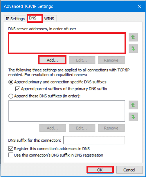 Switch to the DNS tab and type in the IP address of your domain controller in the server address box