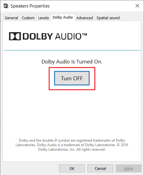 Switch to the Dolby Audio tab, click on the Turn OFF button