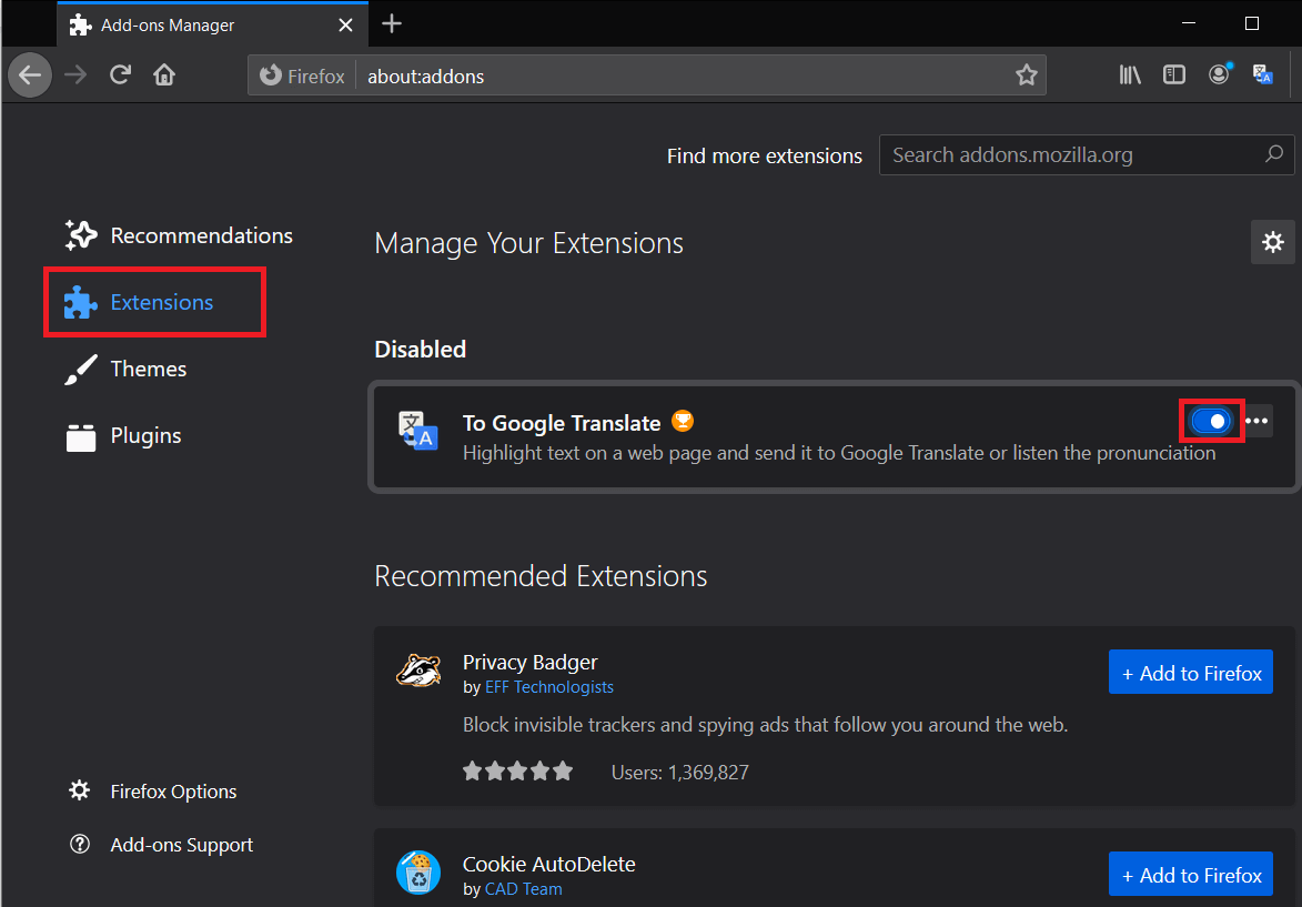 Switch to the Extensions tab and disable all the extensions
