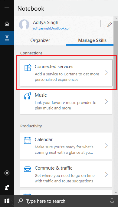 Switch to the Manage Skills tab then click on Connected Services