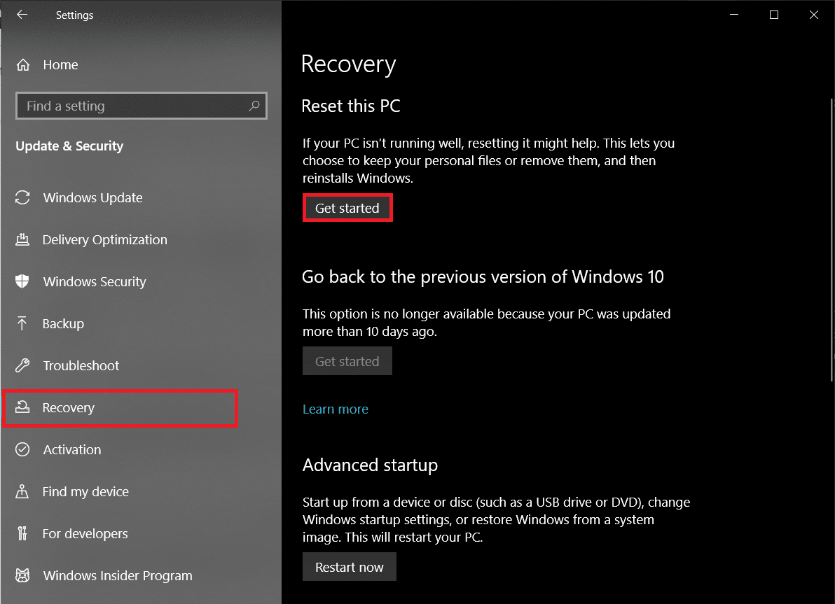 Switch to the Recovery page and click on the Get Started button under Reset This PC.