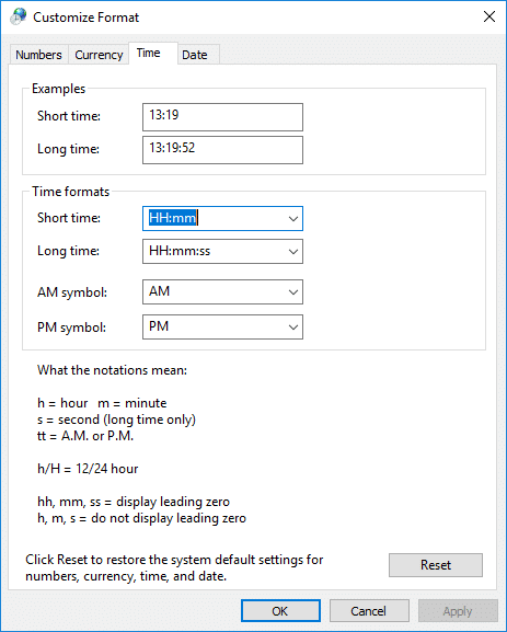 Switch to the Time tab then select or enter any custom time formats you want to use