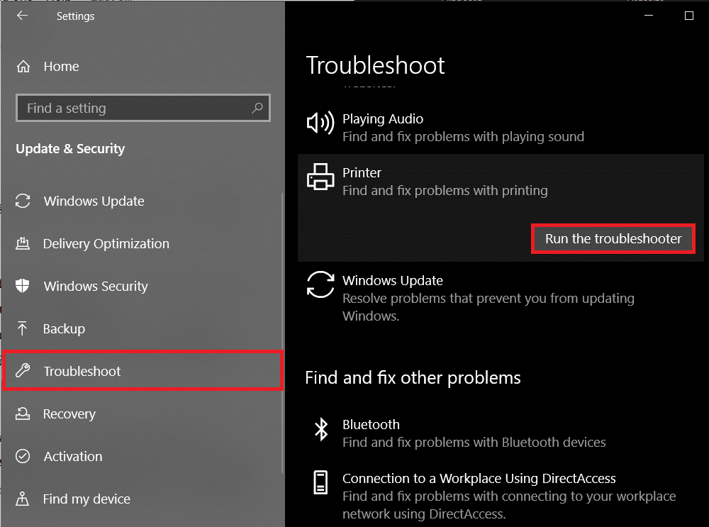 Switch to the Troubleshoot settings and then select Run the troubleshooter | Fix Common Printer Problems in Windows 10