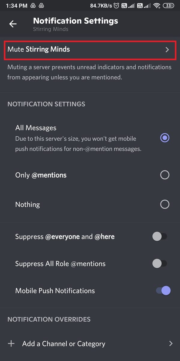 Tap Mute server to mute the notifications for the entire server