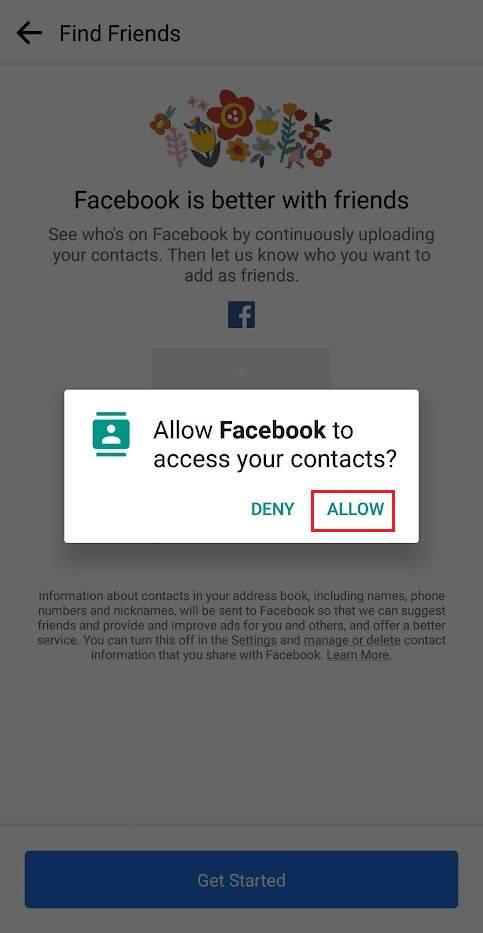 Tap on ALLOW from the popup to provide Facebook access to your contacts | How to Search Facebook by Phone Number