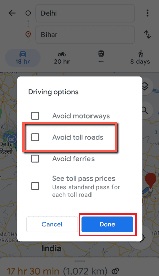 Tap on Avoid toll roads - Done box to select it | How to Turn Off Tolls on Google Maps