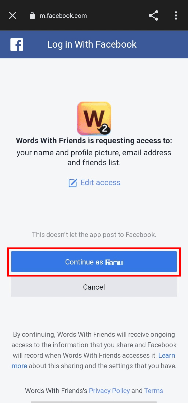 Tap on Continue as [username] to connect with Facebook | How Can You Recover Your Words with Friends 2 Accounts
