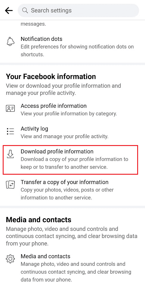 Trykk på Last ned profilinformasjon fra din Facebook-informasjon