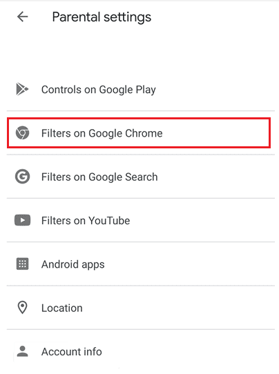 Toque Administrar configuración - Filtros en Google Chrome | ¿Pueden los controles parentales ver el modo incógnito?