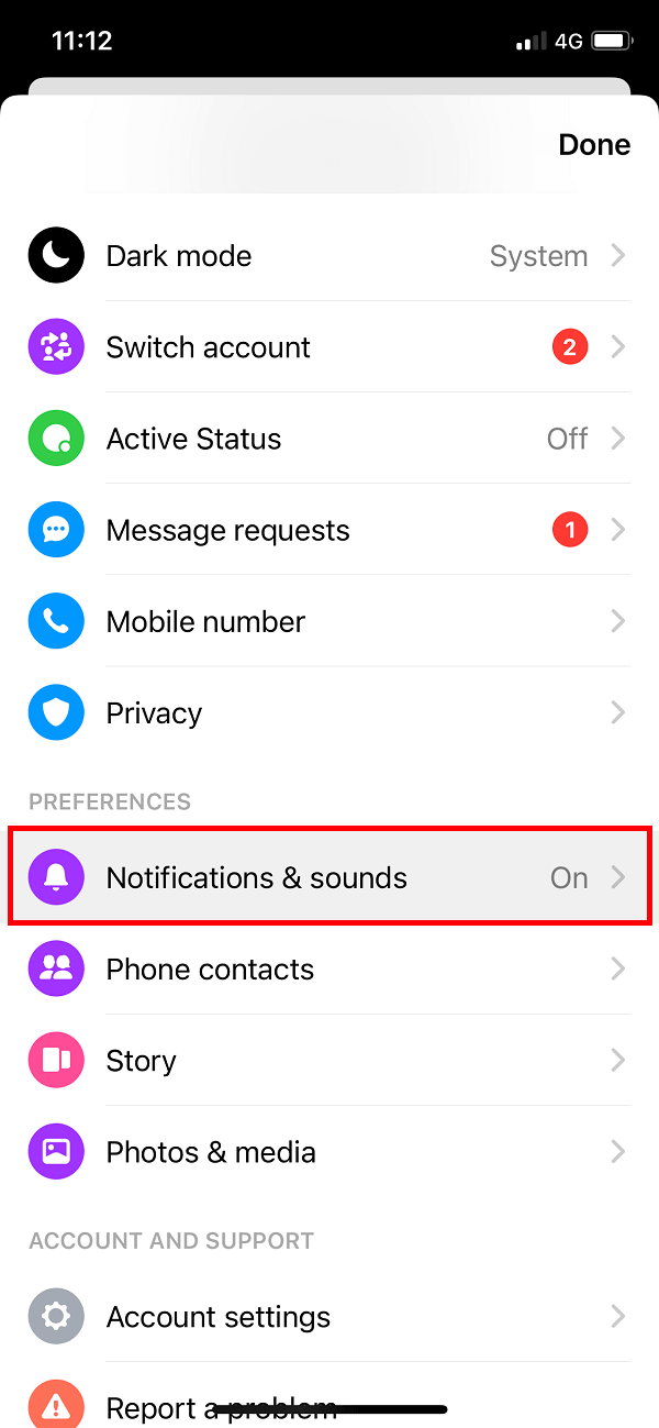 Tap on Notifications and Sounds under Messenger profile settings