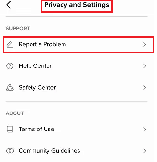 Tap on Privacy and Settings and Report a Problem option under SUPPORT