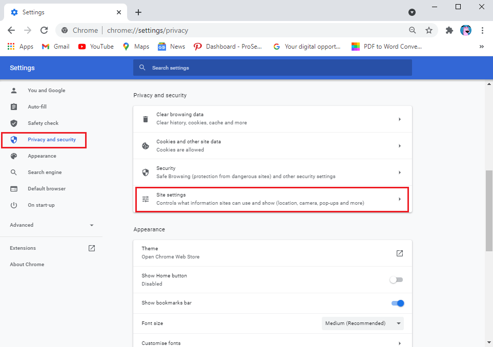 Tap on Privacy and security from the side panel then click on 'Site settings.' | Fix no Camera found in Google meet
