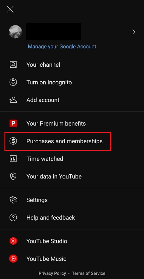 Tap on Purchases and memberships | How to Cancel YouTube Premium Free Trial