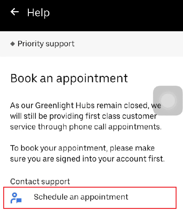 Tap on Schedule an appointment | How to Delete Uber History