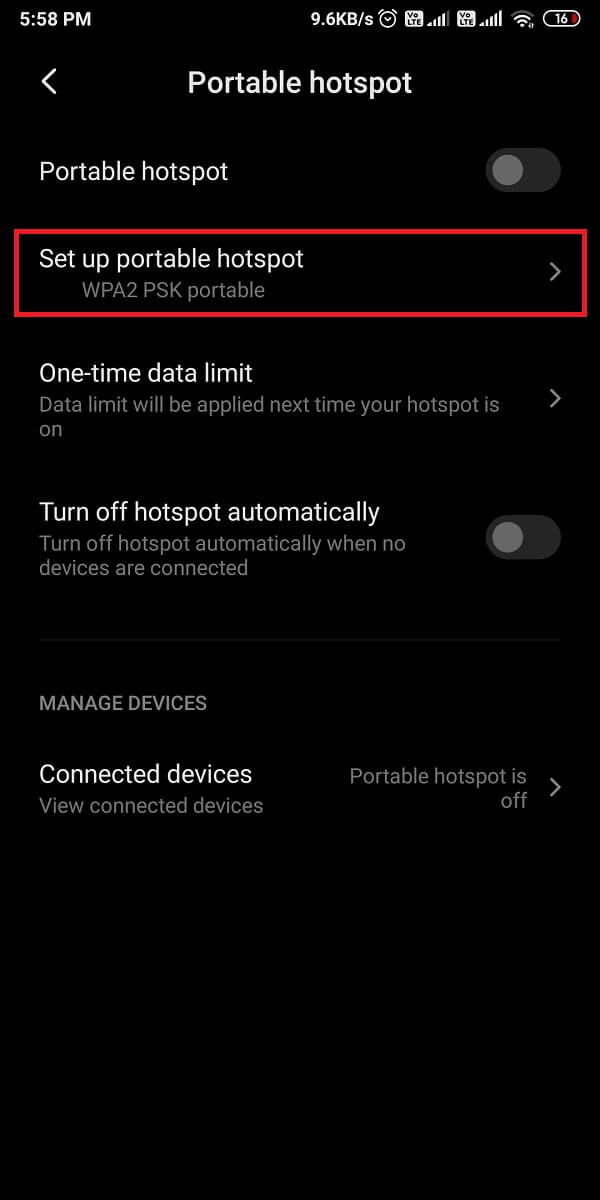 Tap on Set up portable hotspot or Mobile hotspot.