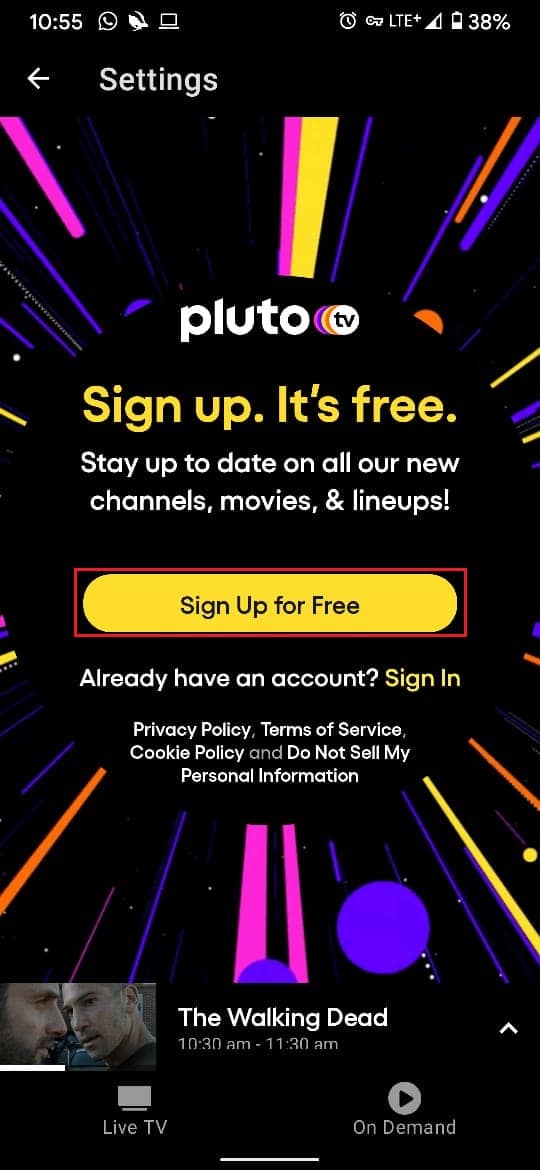 Tap on sign up for free to activate Pluto TV