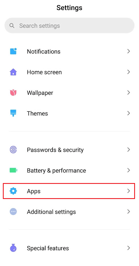 Tap on the Apps option from the settings options list