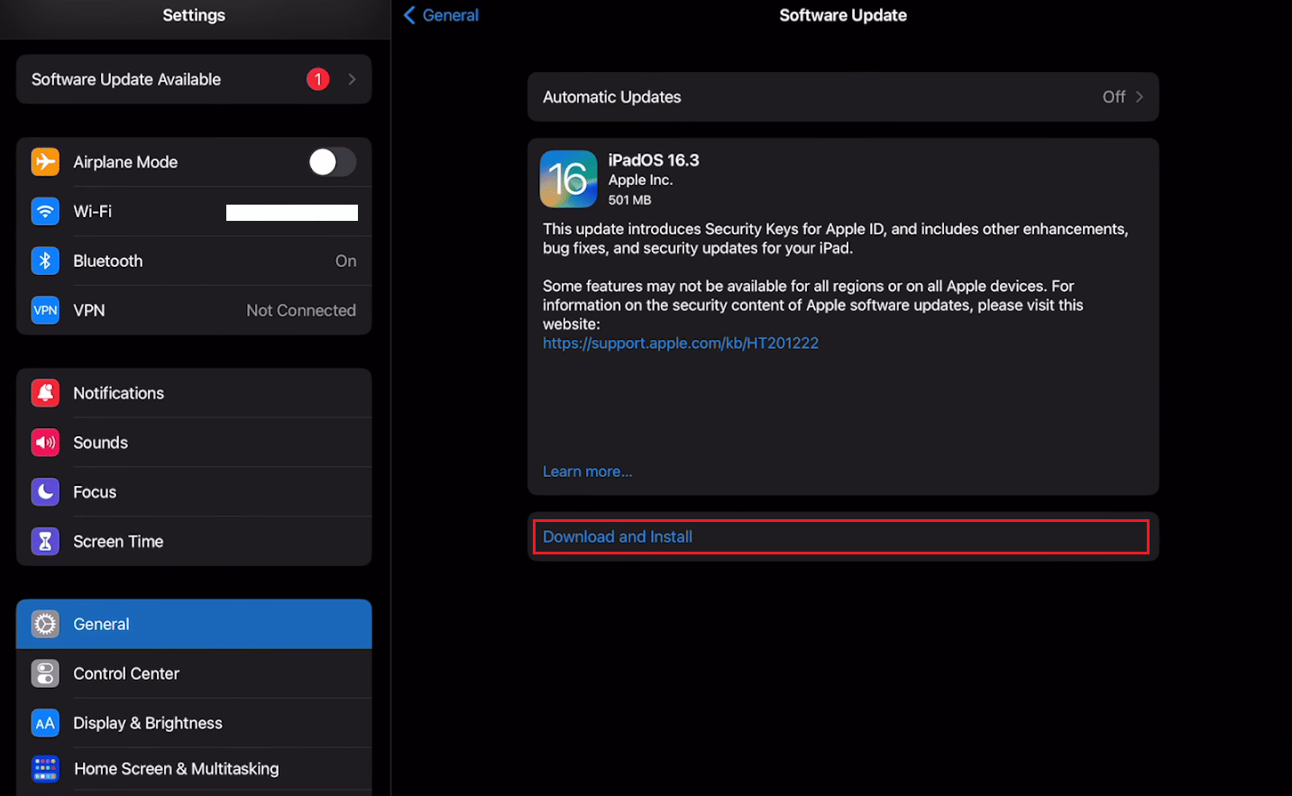 Tap on the Download and Install option to update your iPadOS to the latest version