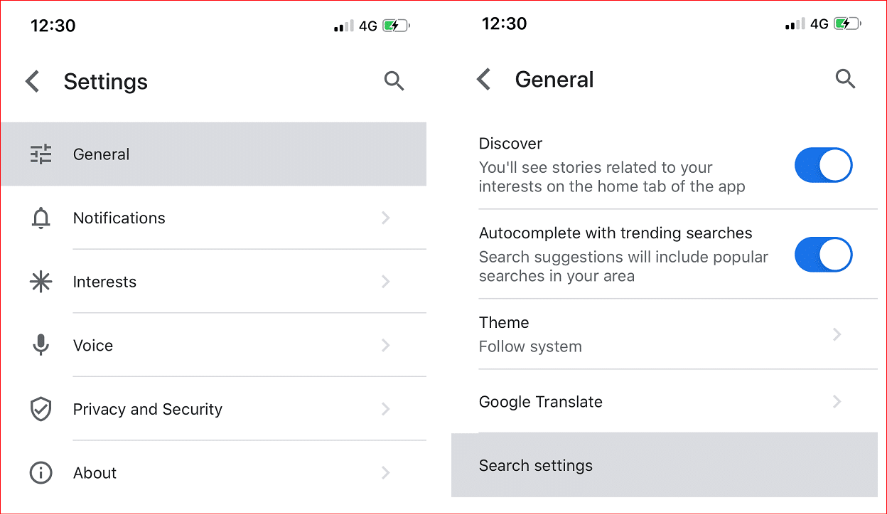 Tap on the General option then tap on Search settings