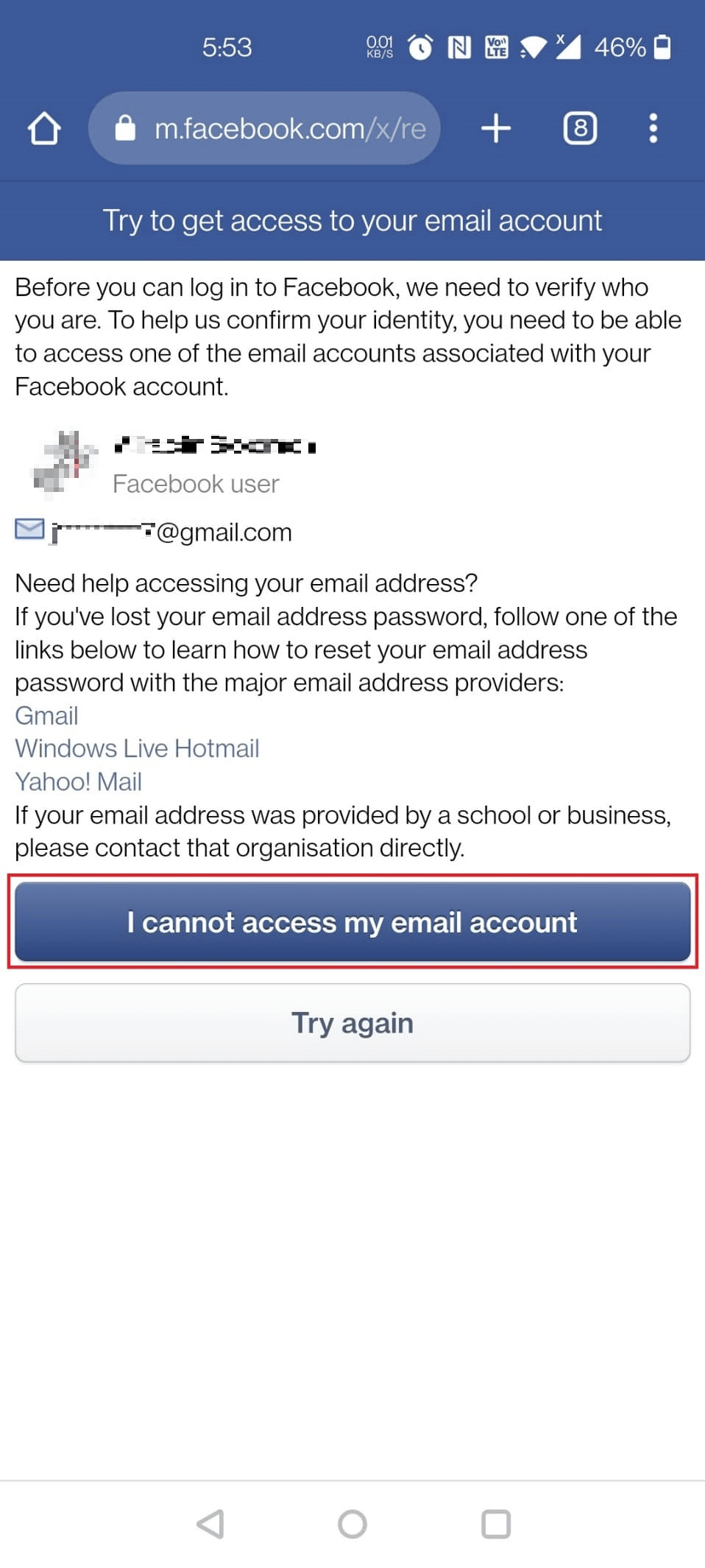 Нажмите на опцию «Я не могу получить доступ к своей учетной записи электронной почты».