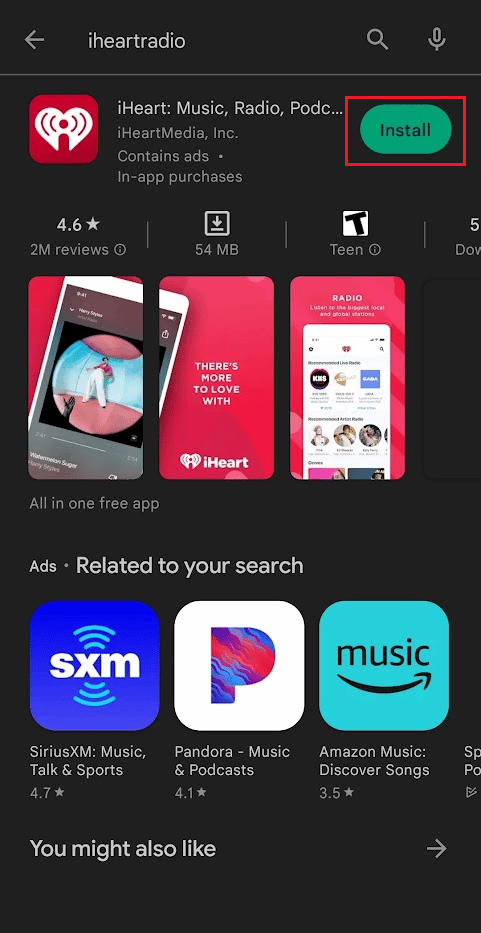 Tap on the Install option for the iHeartRadio app | iHeartRadio family plan