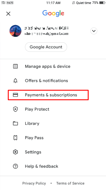 Tap on the Payments & subscriptions option