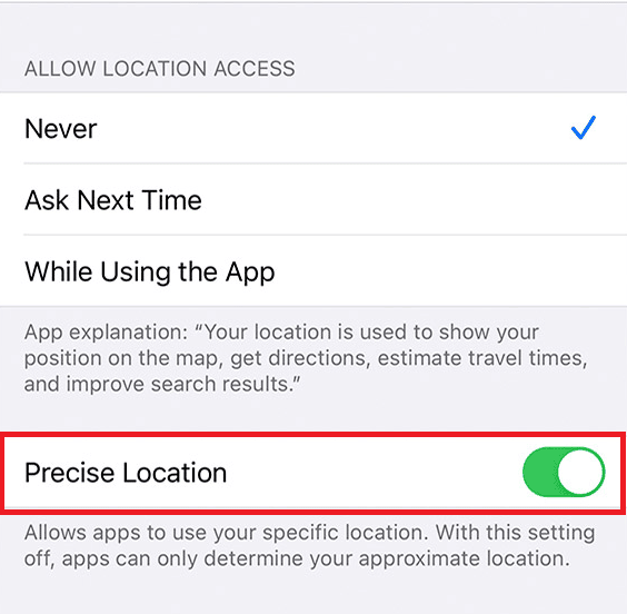 Tap on the Precise Location option to turn the toggle off