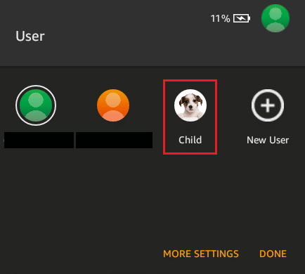 Klepnite na ikonu Profily - požadovaný Detský profil | Ako prepínať profily na tablete Amazon Fire