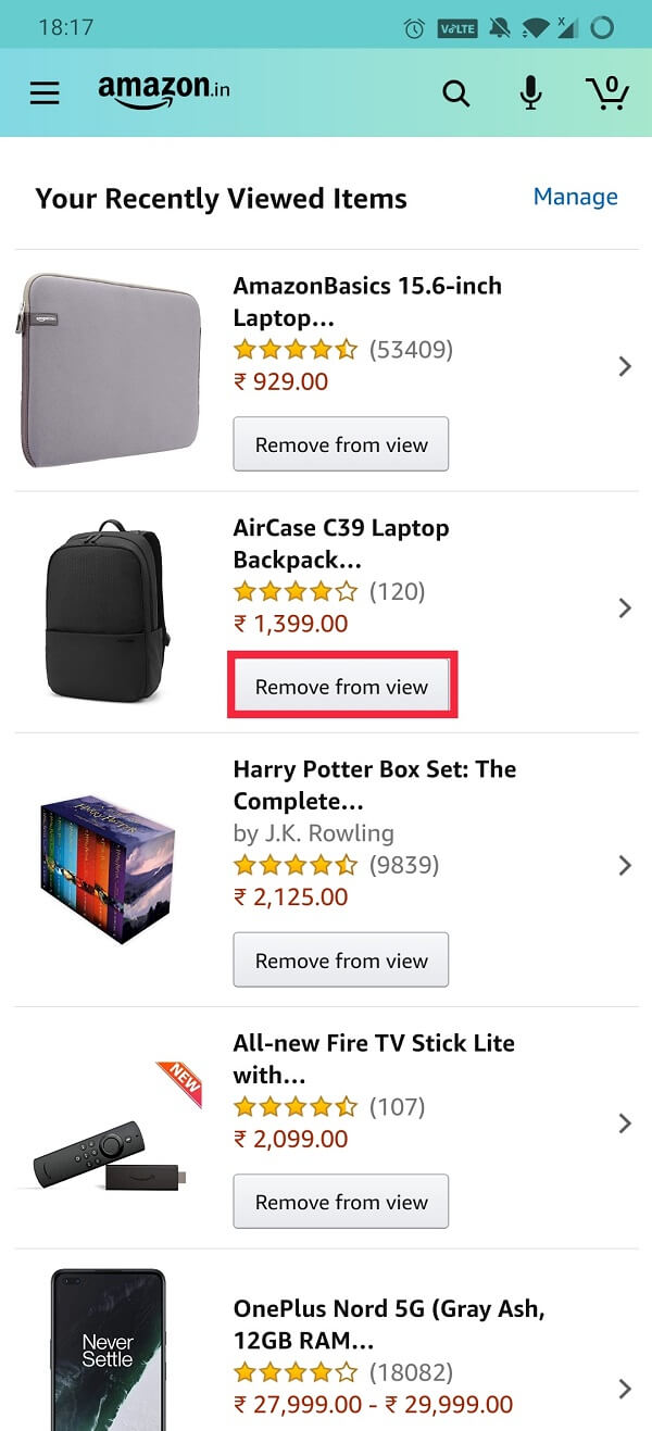 Tap on the Remove from view button | Delete Amazon Browsing History