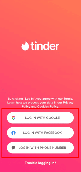 Tap on the Sign In option and choose any of the following desired log in options | log into Tinder without a phone number