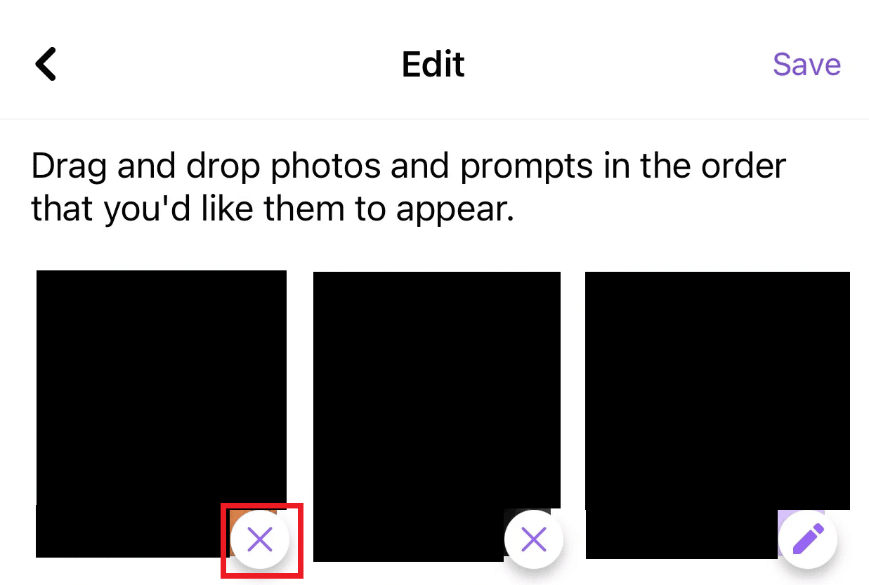 Tap on the X icon below every image to delete it