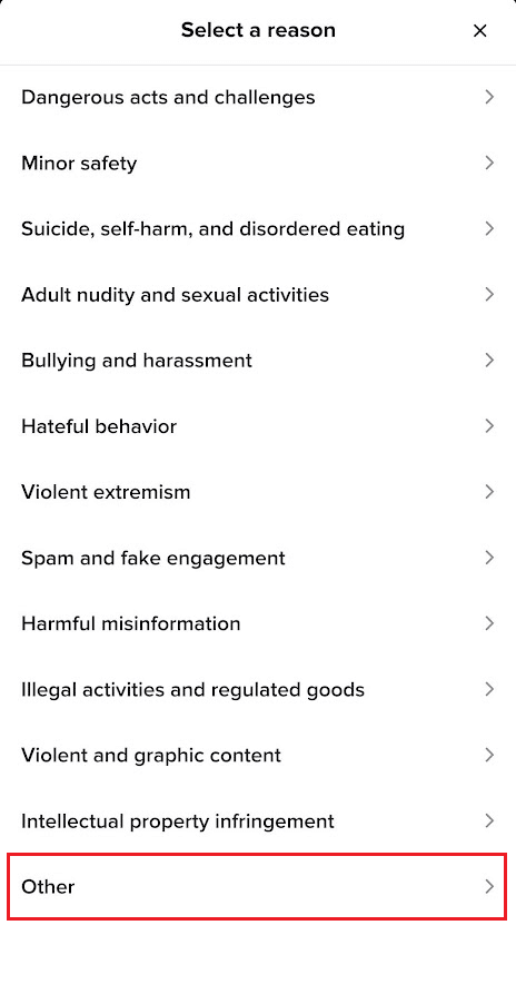 Tap on the appropriate reason from the reasons listed | get permanently banned from TikTok