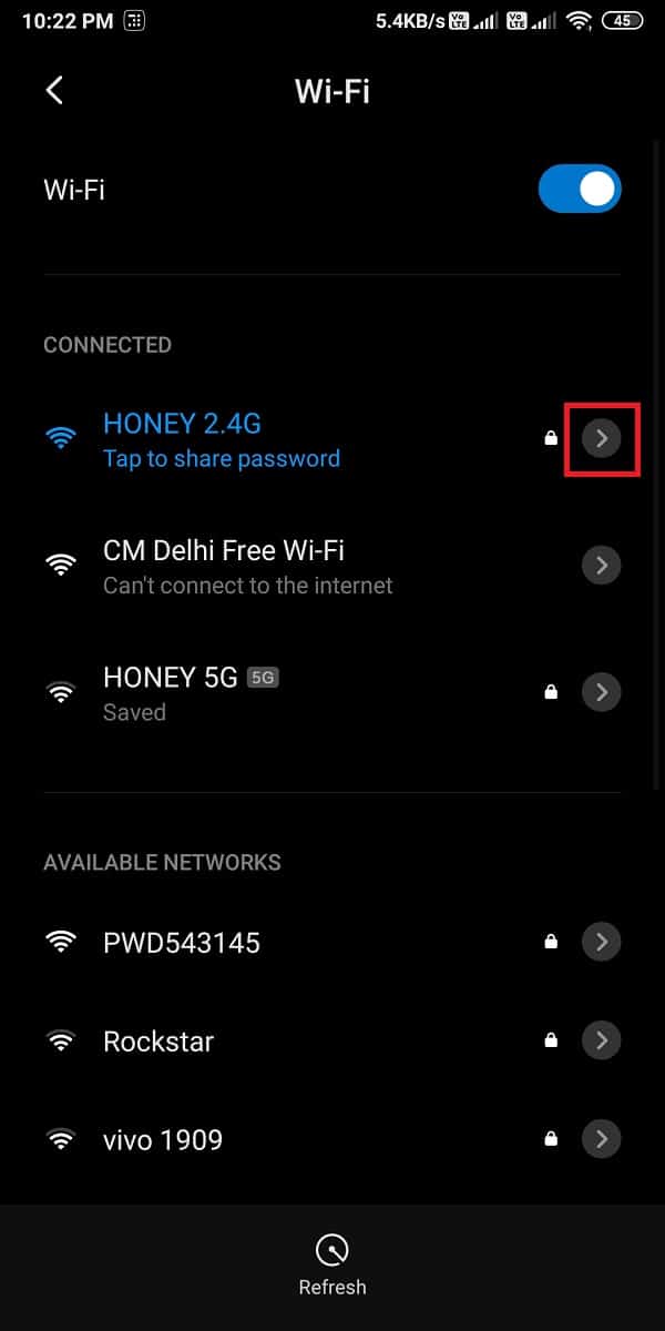 Tap on the arrow icon next to the Wi-Fi connection | Fix Internet error on PUBG mobile apps