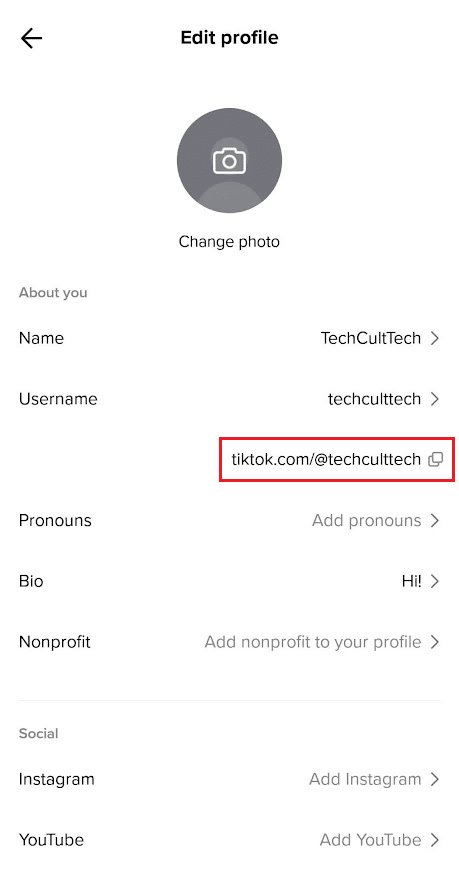 Tap on the copy icon next to your TikTok profile link under your Username