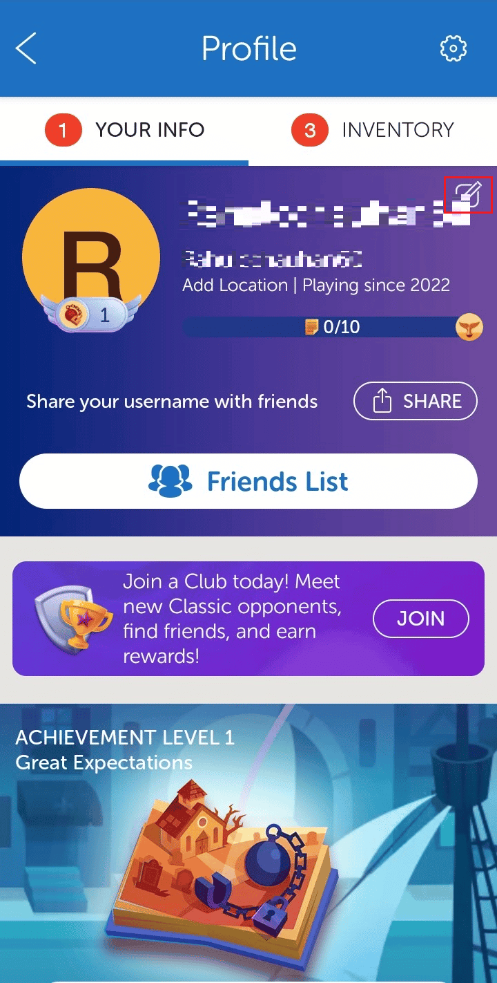 Tap on the edit icon on the profile page | How Can You Recover Your Words with Friends 2 Accounts