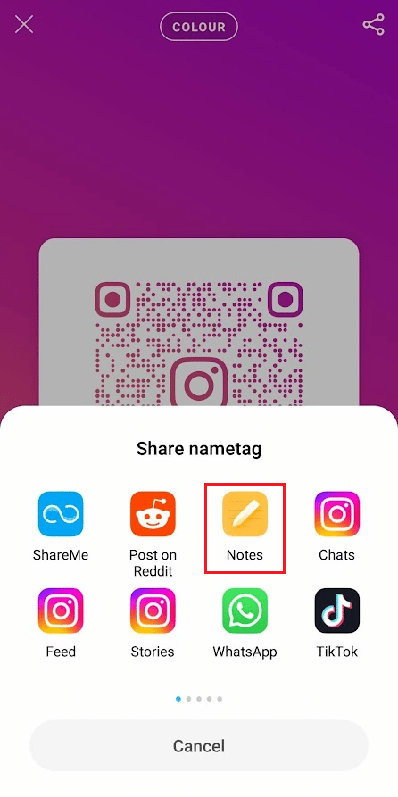 Tap on the hamburger icon - QR code - Share icon - Notes