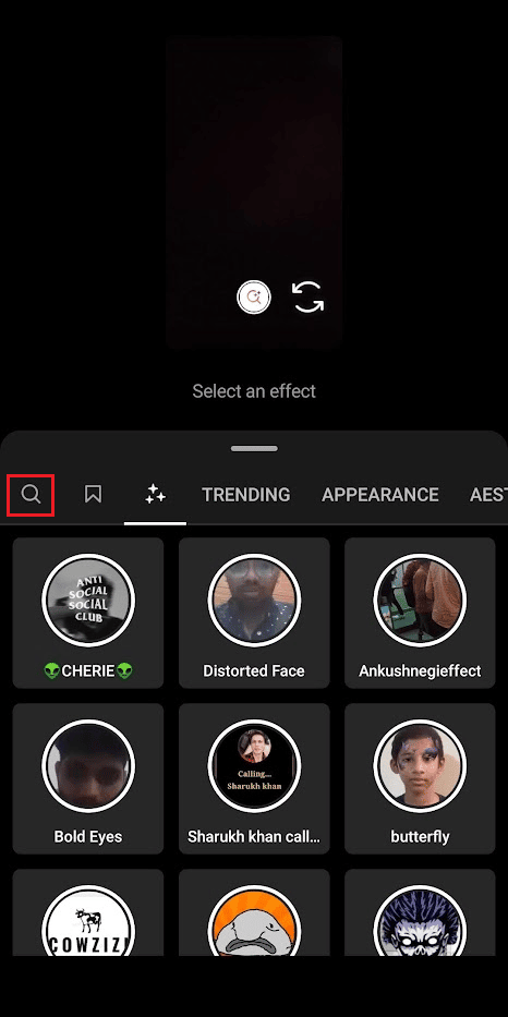 Tap on the search icon from the top left corner of the popup filter effects menu | How to Get Runaway Aurora Filter on Instagram