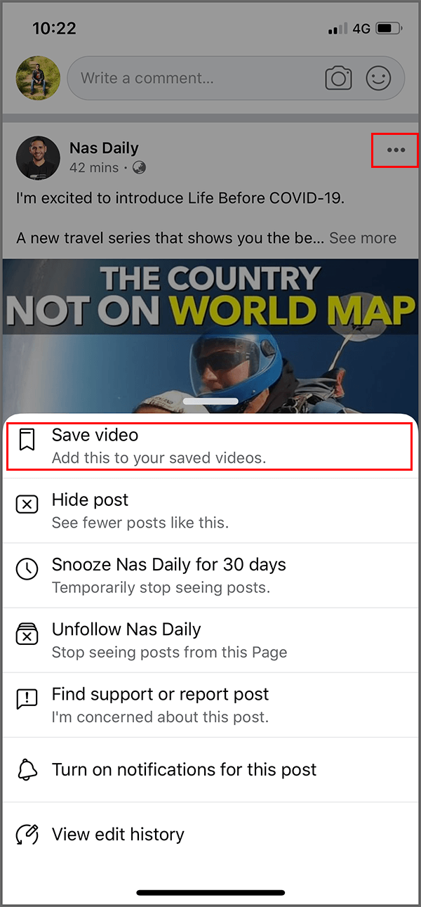 Tap on the three-dot menu icon then select ‘Save video’ option