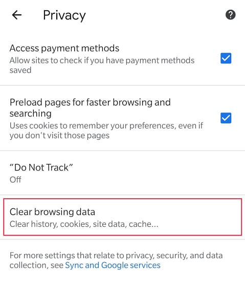 Tap on “Clear browsing data” to continue