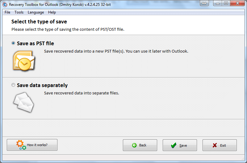 The application suggests saving data separately or rebuilding a new PST file
