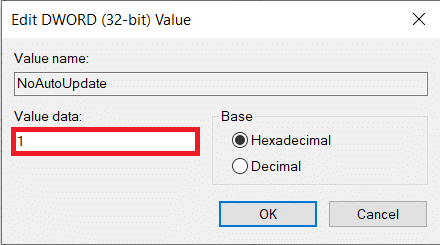 The default value data will be 0, i.e., disabled; change the value data to 1 and enable the NoAutoUpdate.