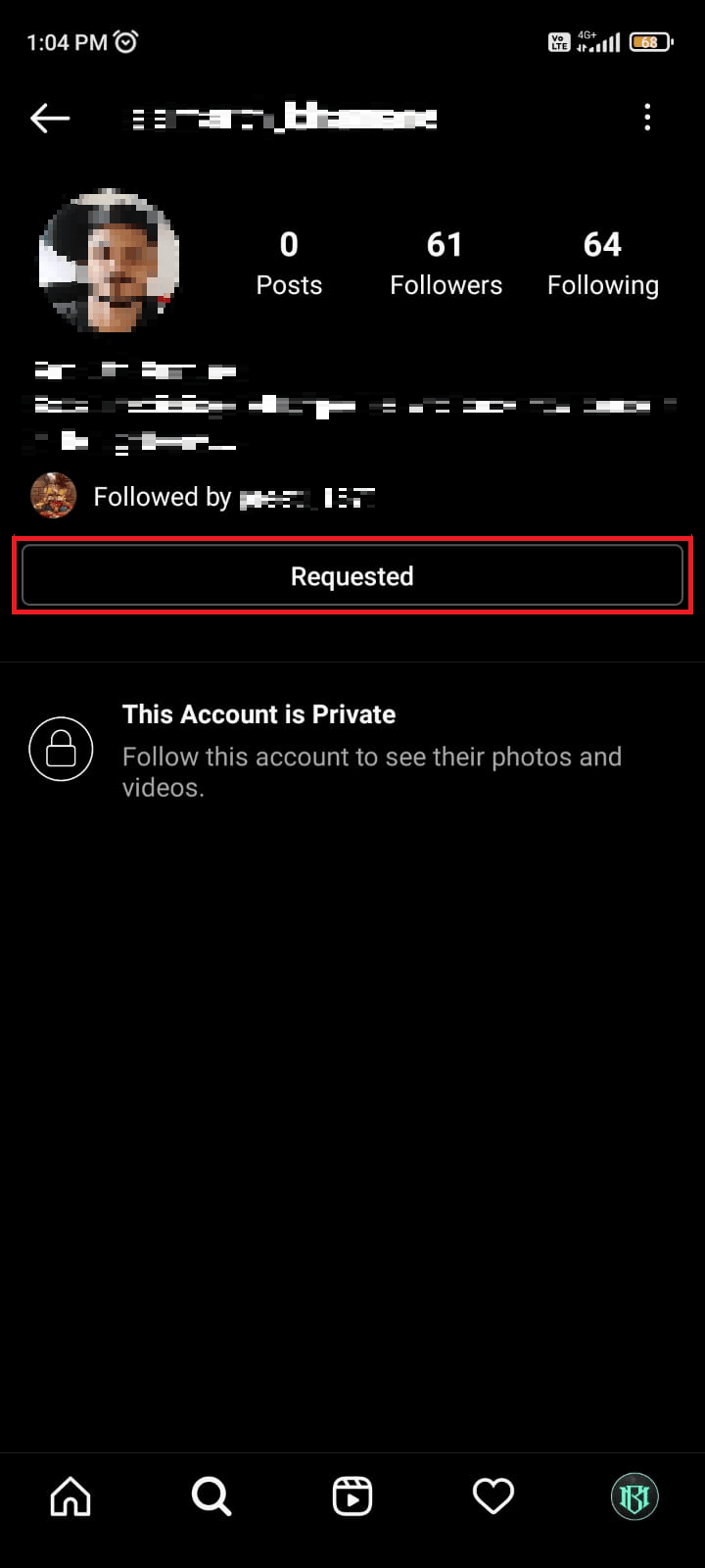 The following request will be sent and you will see the Requested message on the private profile