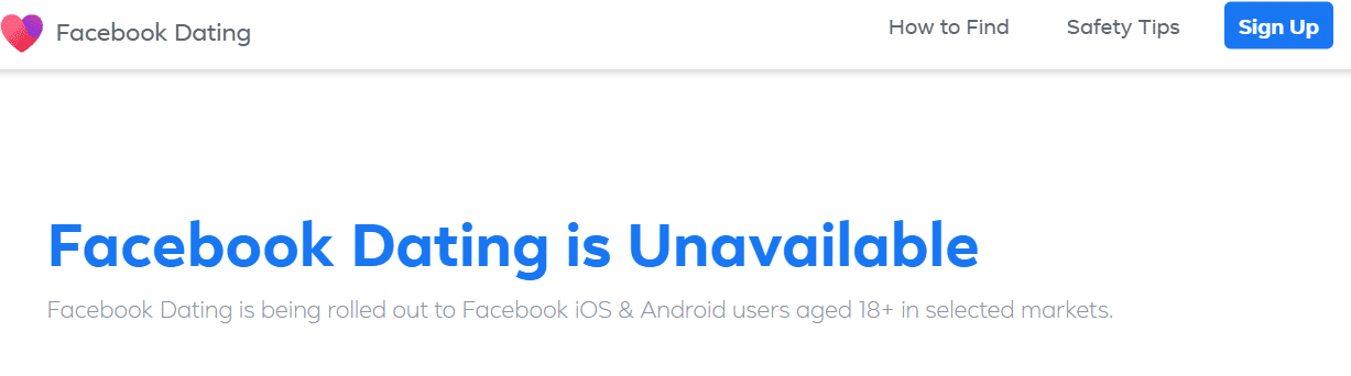 This page will show you if the Facebook dating feature is available to you or not