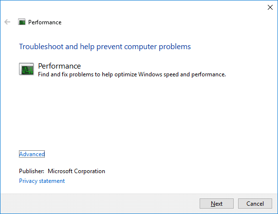 This will open Performance Troubleshooter, simply click Next | Fix Desktop Window Manager High CPU (DWM.exe)