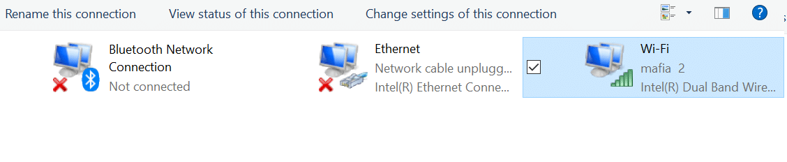 This will open the network connection window where you can see your Wi-Fi, Ethernet network etc