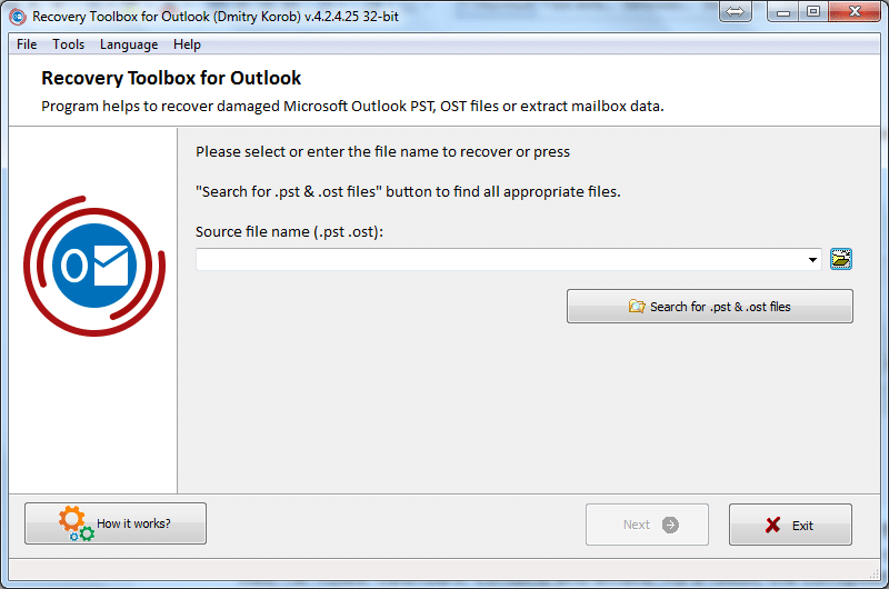 This window appears after the opening of Recovery Toolbox for Outlook