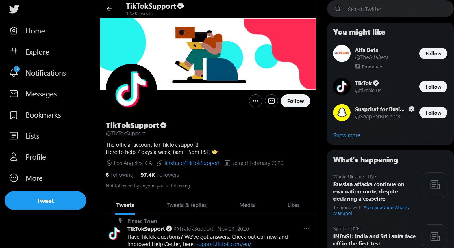 TikTok support twitter page. How to Contact TikTok Support