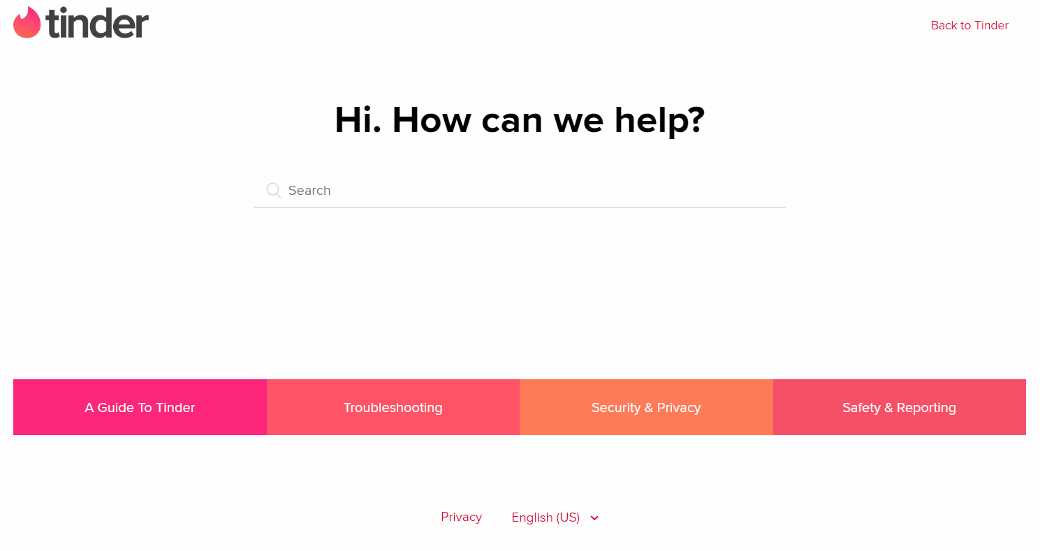 Tinder customer support page |