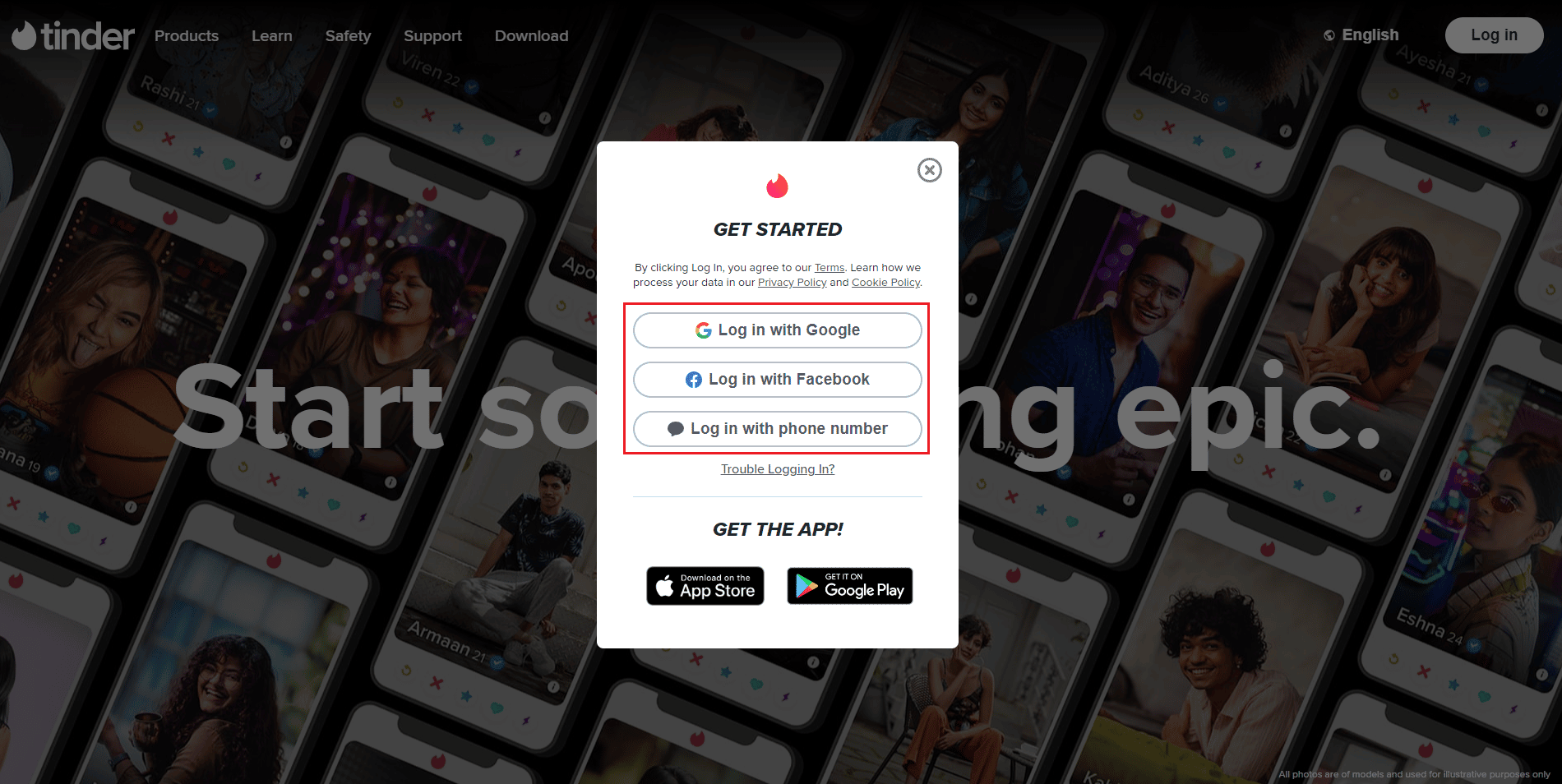 Tinder log in page