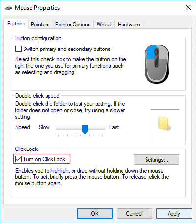 To Enable ClickLock checkmark Turn on ClickLock in Mouse settings